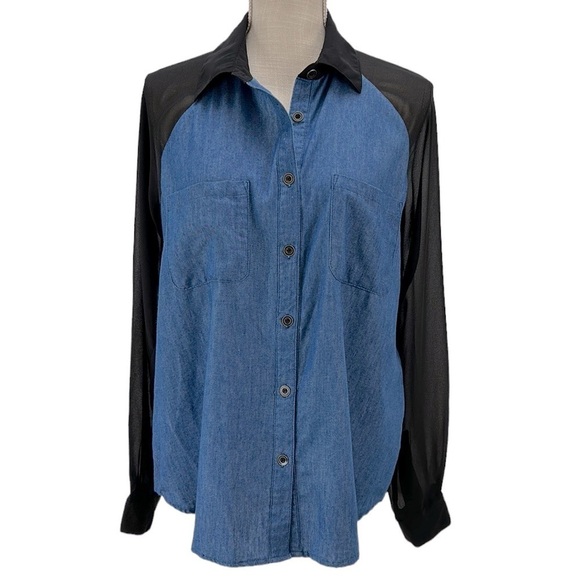 Nollie Contrast Chambray Denim Front Sheer Back Button Front Shirt Top L… - Picture 1 of 14